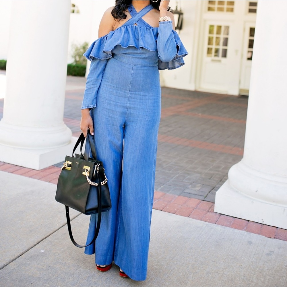 ASOS Denim Off Shoulder Jumpsuit